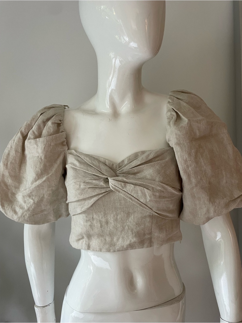 Twist Front Puff Sleeve Crop Top - Beige - Picture 2 of 9